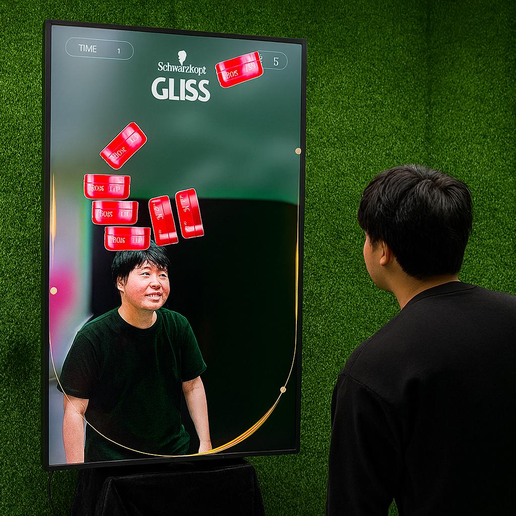 Guest playing interactive balance game using motion sensors to stack virtual items on head at a corporate event or exhibition booth in Dubai – fun and engaging activity.